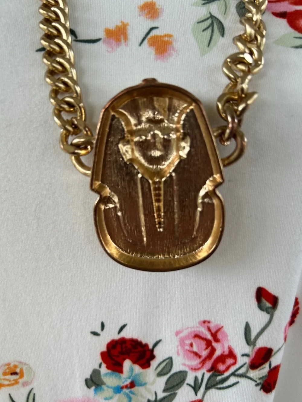 Gold-Tone Egyptian Pharaoh Pendant Necklace with Black & Red Enamel
